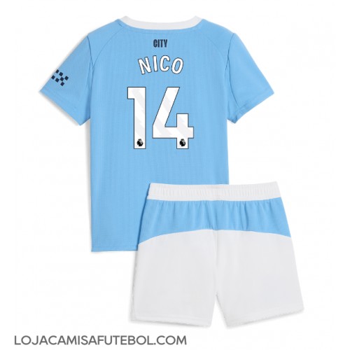 Camisa de Futebol Manchester City Nico Gonzalez #14 Equipamento Principal Infantil 2025-26 Manga Curta (+ Calças curtas)